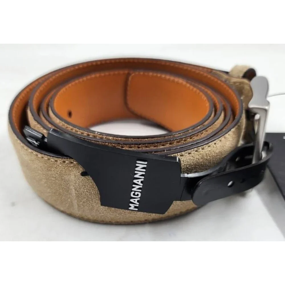 Magnanni Telante Suede & Leather Belt Men's 44 Taupe Nickel-Tone Square Buckle
